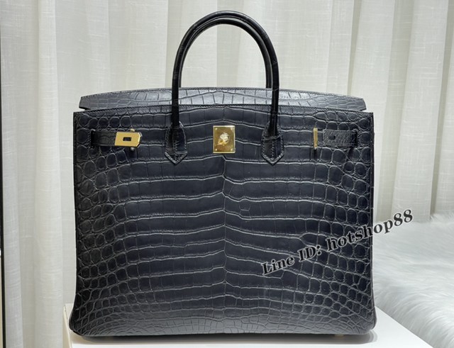 Hermes專櫃Birkin40CM手提男女包 愛馬仕非洲尼羅鱷鱷魚黑色蠟線手工縫製鉑金包 zhh1042